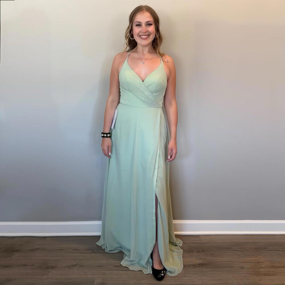 Azazie Davis Dusty Sage Chiffon A-Line V-Neck Bridesmaids Dress (Size 8)
